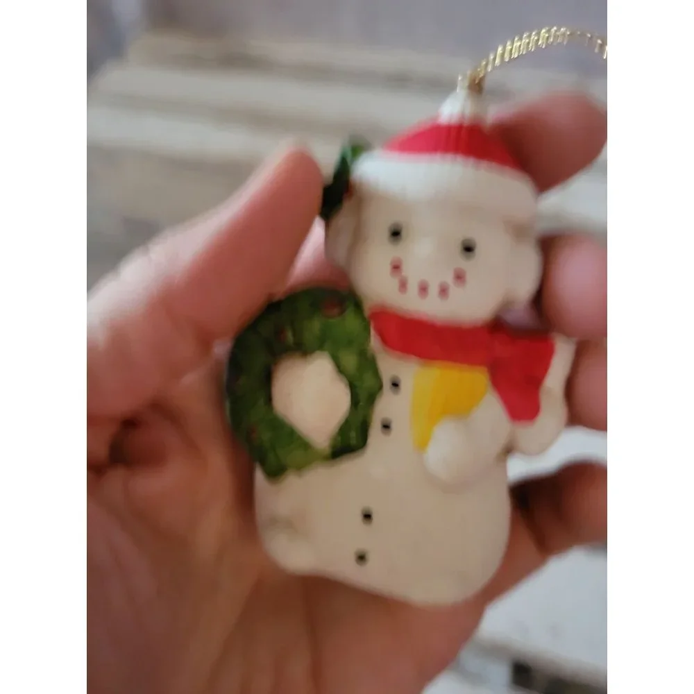 Vintage porcelain snowman wreath‎ ornament Xmas holiday tree home decor